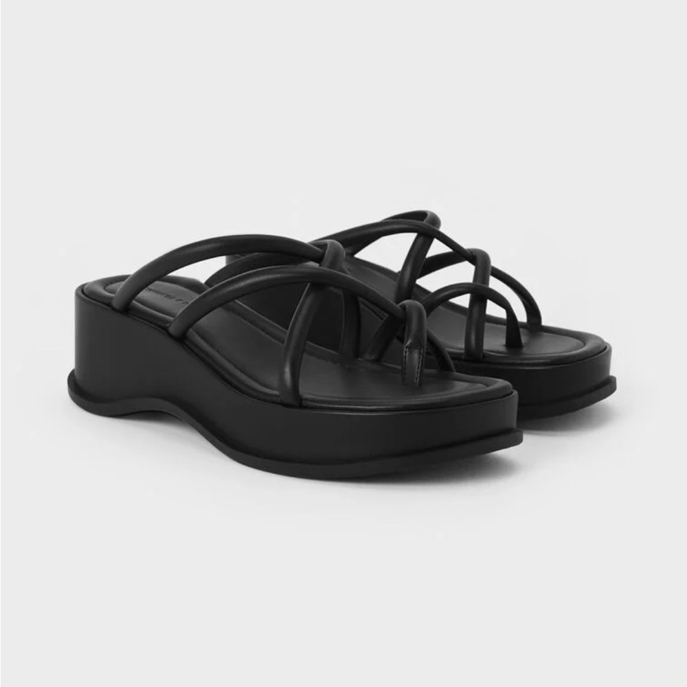 CHARLES & KEITH Strappy Tubular Wedge Sandals - Black